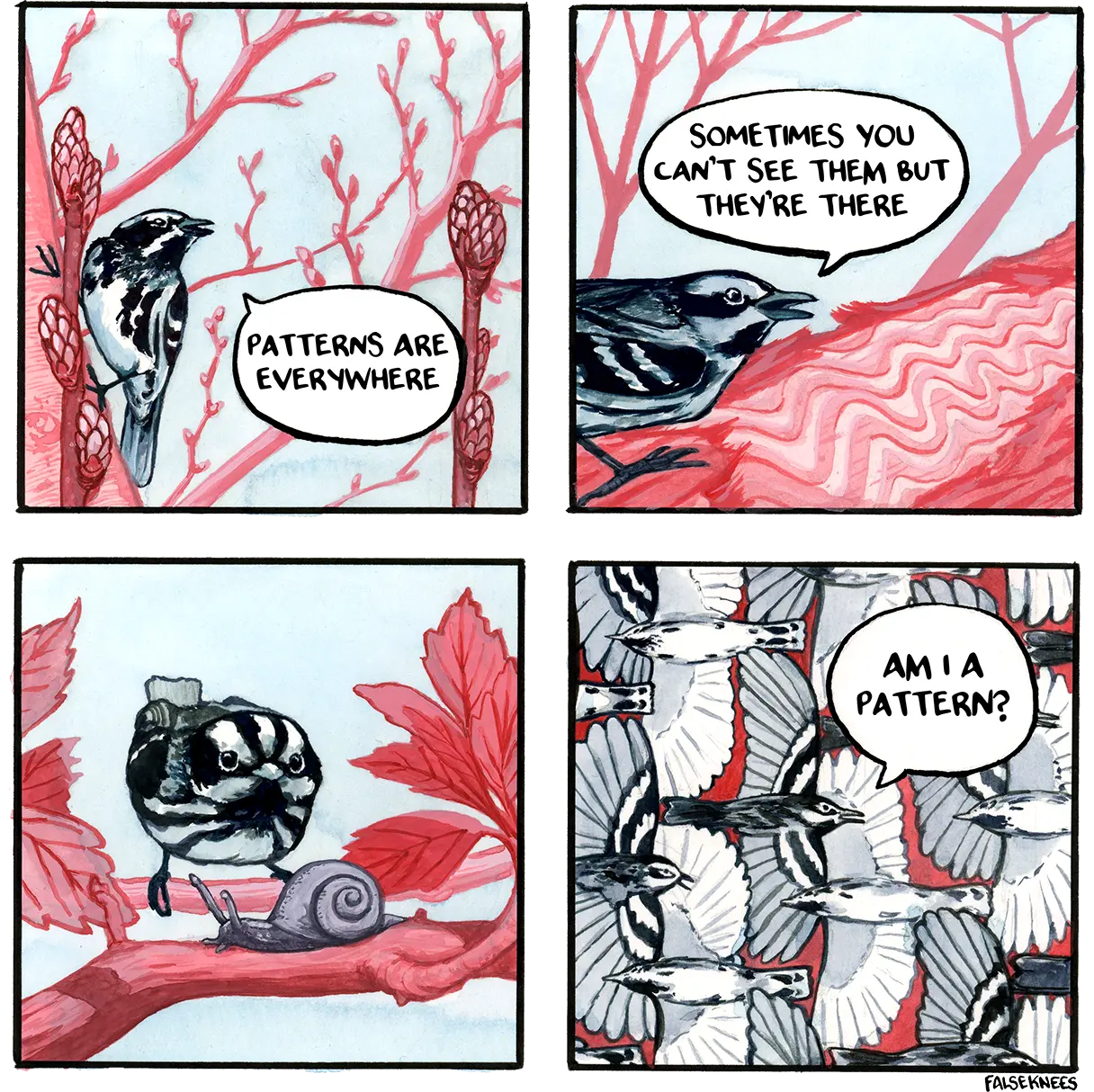 False Knees comic, arranged left-to-right across two rows: a bird notices patterns, then becomes part of an Escher-like tessellation and asks ‘Am I a pattern?’