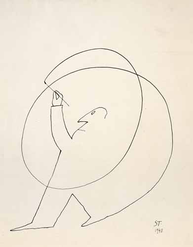 A figure draws a looping line that forms its own outline.